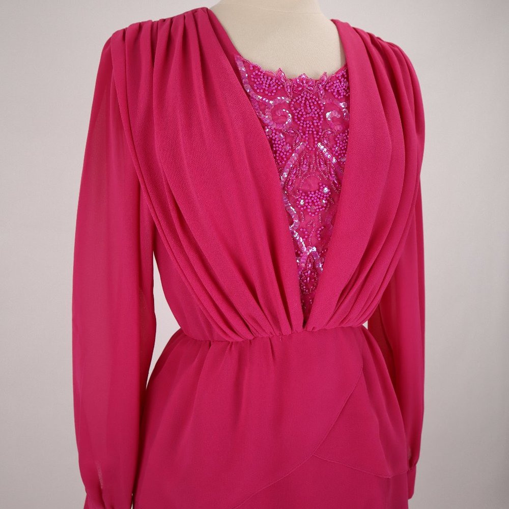Vtg Ursula of Switzerland 80's Pink Sequin Beaded Tiered Party Dress Gown Formal - Picture 5 of 10